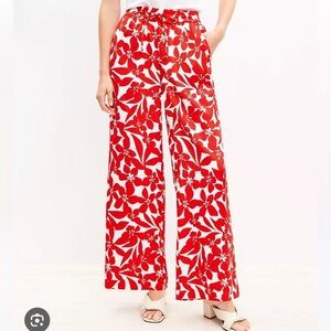 LOFT Red and White Wide Leg Floral Pants
